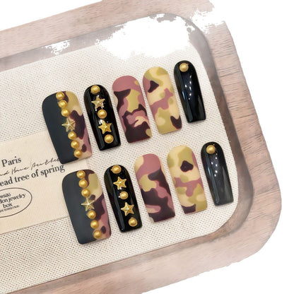 Nail art, hot summer Chinese tropical rainforest camouflage five-pointed star press-on nails art removable | 365nails