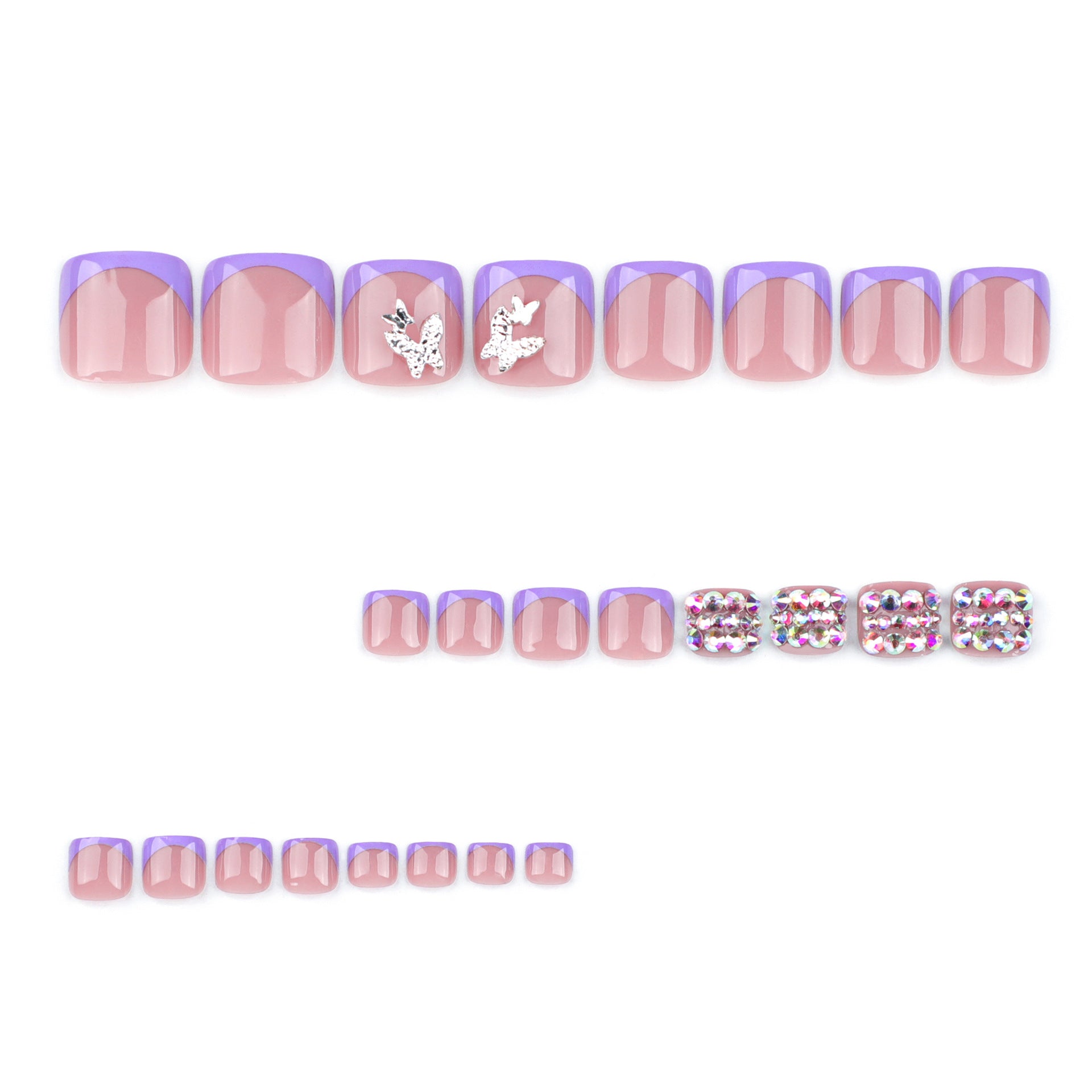 法式紫色足部穿戴甲｜彩色水鑽點綴 蝴蝶趾甲片｜365nails