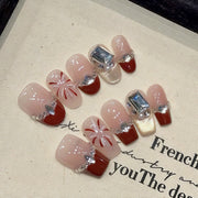365nails: "Crimson Fireworks" – 3D 寶石與法式尖端 手工製 短款 方形 穿戴甲