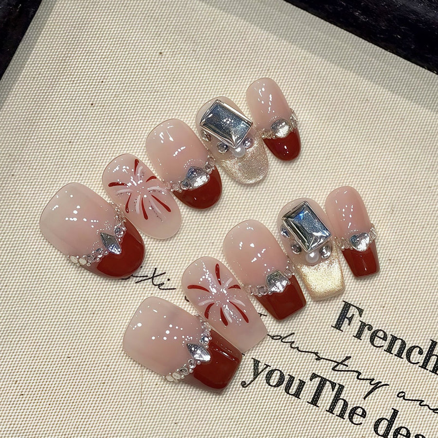 365nails: "Crimson Fireworks" – 3D Gem & French Tip Handmade Short Square Nails
