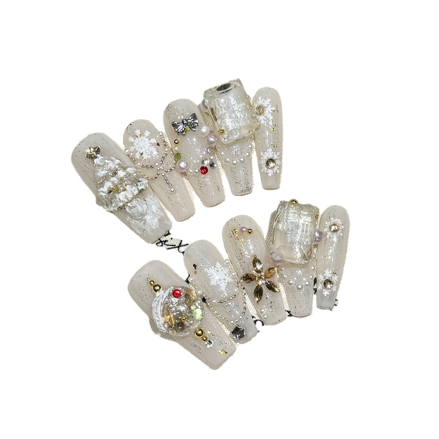 White Christmas Aurora Press‑On Nails – Snowflake Star Tree Design