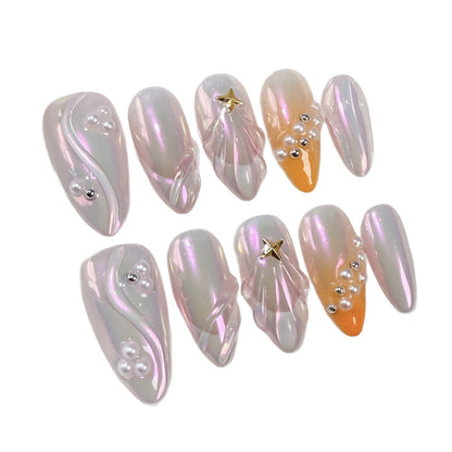 Handmade Press-on Nails Summer Aurora French Almond Turtle Tail Pearl Relief Nail Art Finished Products Factory Wholesale｜365nails