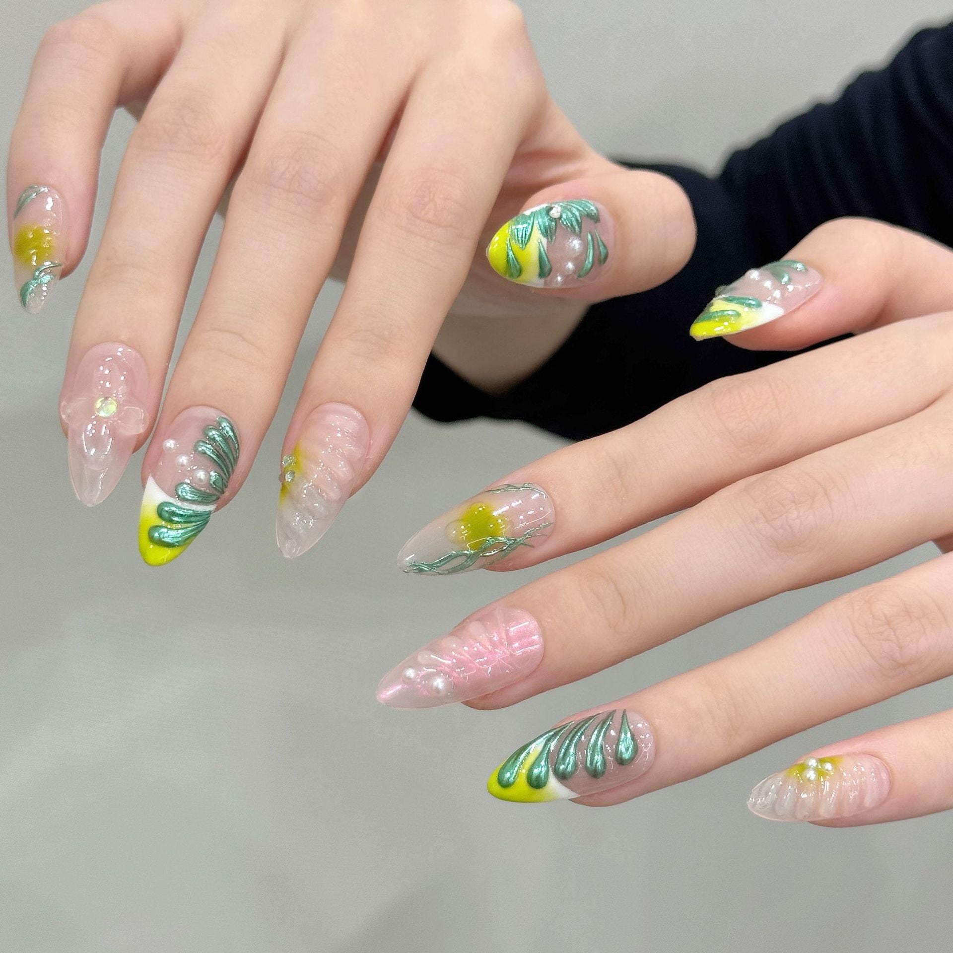 365nails: "Verdant Bloom" – 3D Sculpted Floral Handmade Press on Nails Almond Nails