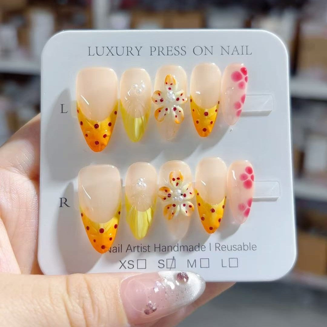 Citrus Bloom: "Fruity Floral" – Almond Shape Handmade Painted Press-On Nails