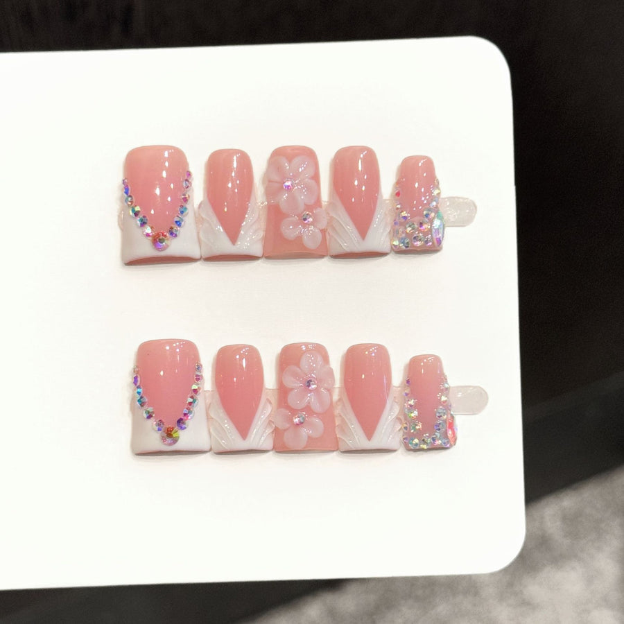 365nails: "Blossom Veil" – 3D Floral & Crystal Handmade Coffin Nails