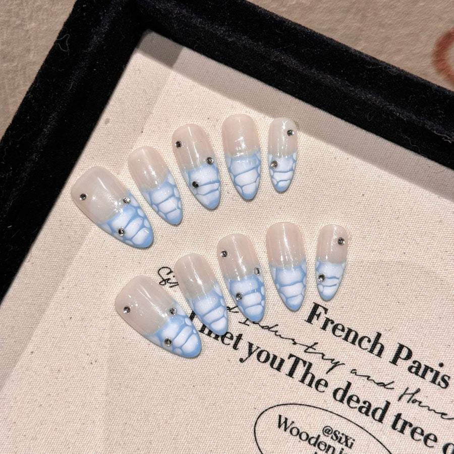 365nails: "Azure Exotic" – Crocodile Texture French Tip Handmade Almond Nails