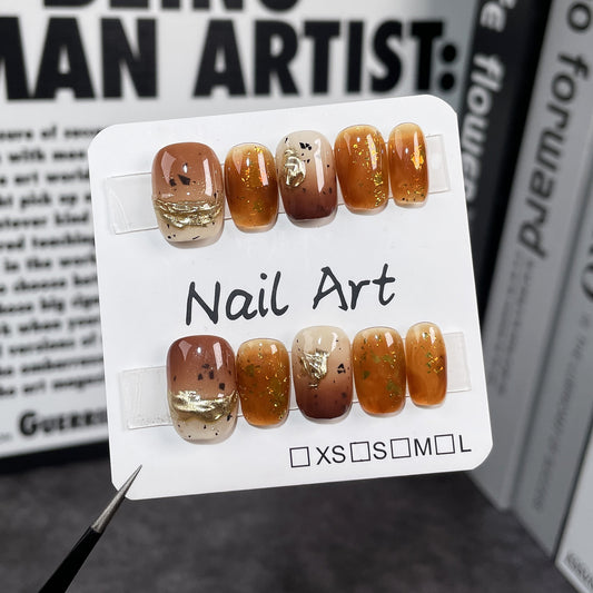Maillard style short manicure amber smudge spray gun gradual change pure handmade press-on nails wholesale wearable nail sticker｜365nails