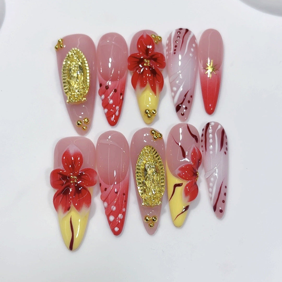 Crimson Gold : « Opulence fleur écarlate » – Ongles press-on faits main forme amande