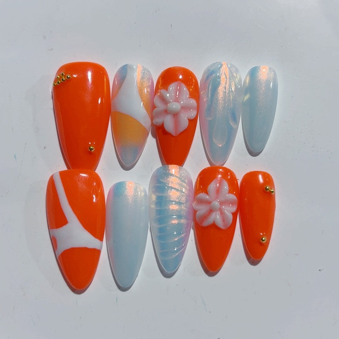 365nails-Coral Bloom: "Tropical Frangipani" – Almond Shape Handmade 3D Carved Press-On Nails