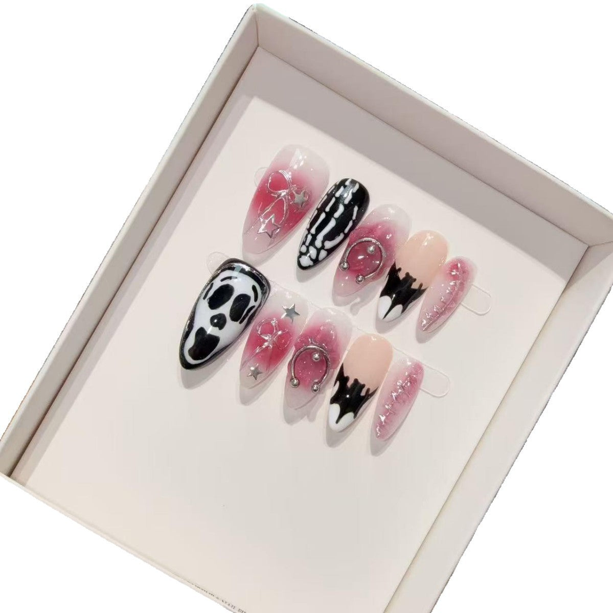 365nails: "Midnight Gala" – 3D 해골·별 수제 스틸레토형 프레스온 네일