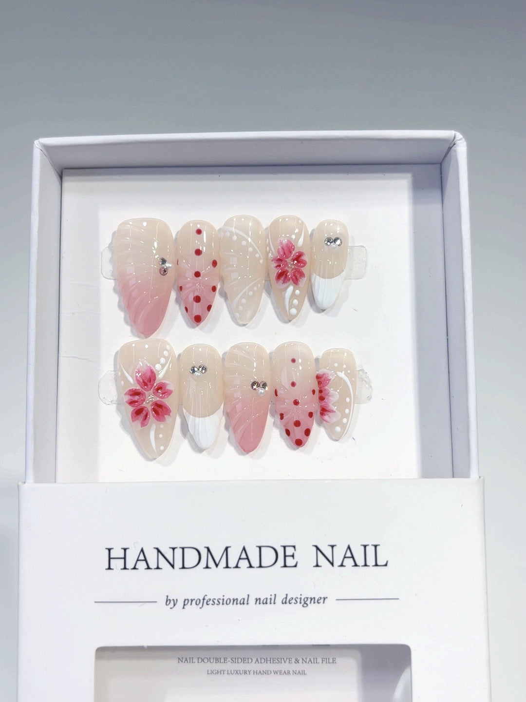 Blush Floral: "Pink Cherry Dots" – Almond Shape Handmade Press-Ons