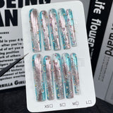 Unhas postiças super longas com cachimbo de água, rosa e azul, duas cores, mudança gradual, feitas à mão, unhas postiças longas, acabadas, atacado ｜365nails