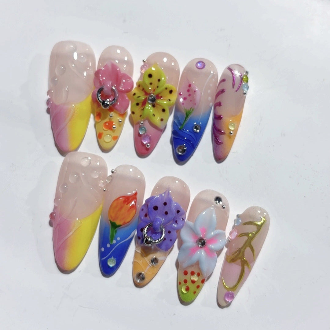 Fantaisie féerique : "Floraison jardin arc-en-ciel" – long forme amande multicolore floral, ongles press-on fait main