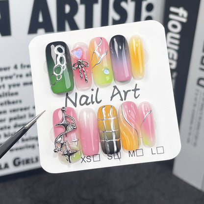 Adesivo de unha estilo blush Spice Girl, de cor média e longa, quadrado, feito à mão, com pistola de pulverização, multicolorido e com mudança gradual｜365nails