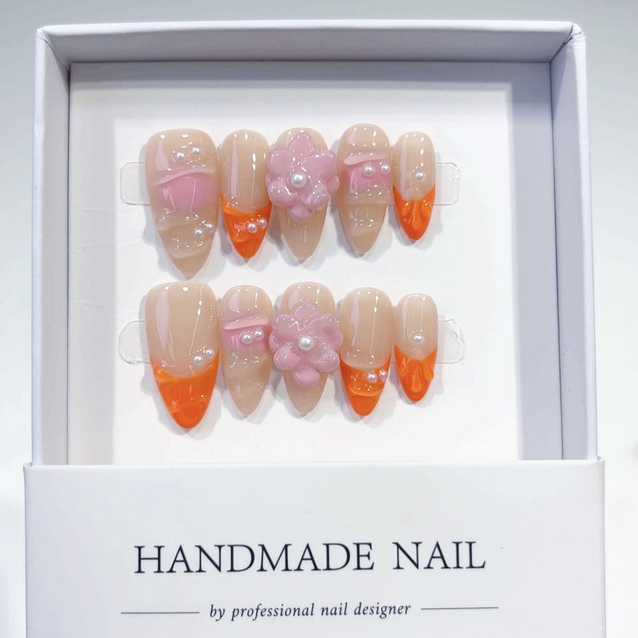 Peach Blossom: "Sunset Bloom" – Long Almond Press-On Nails