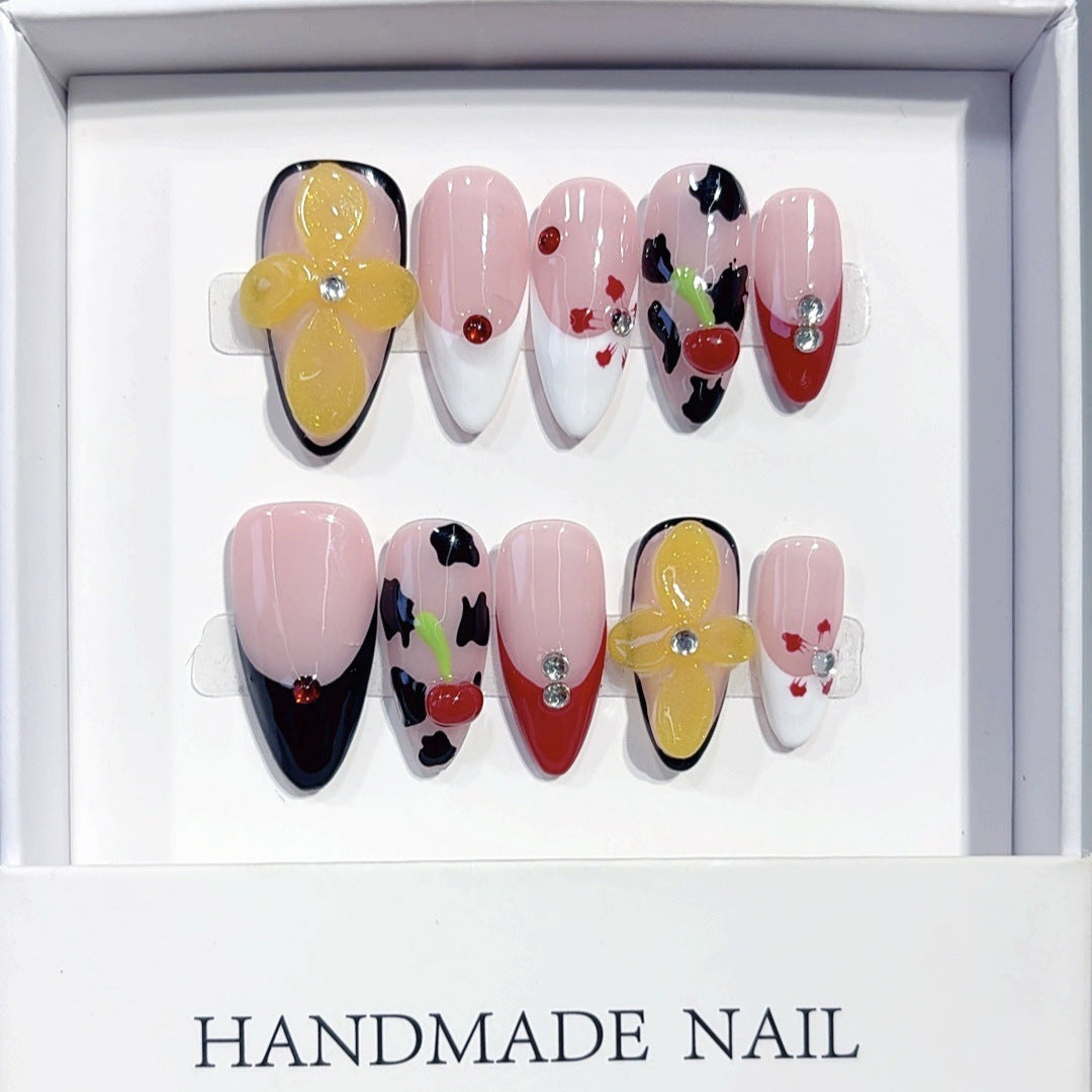 Fruit Cocktail: "Cherry Cow Flower" – Almond Shape Handmade Press-On Nails