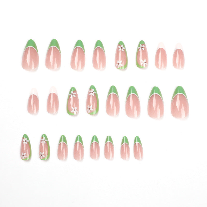 法式綠花穿戴甲，花朵貼片，可拆卸成品甲片｜365nails