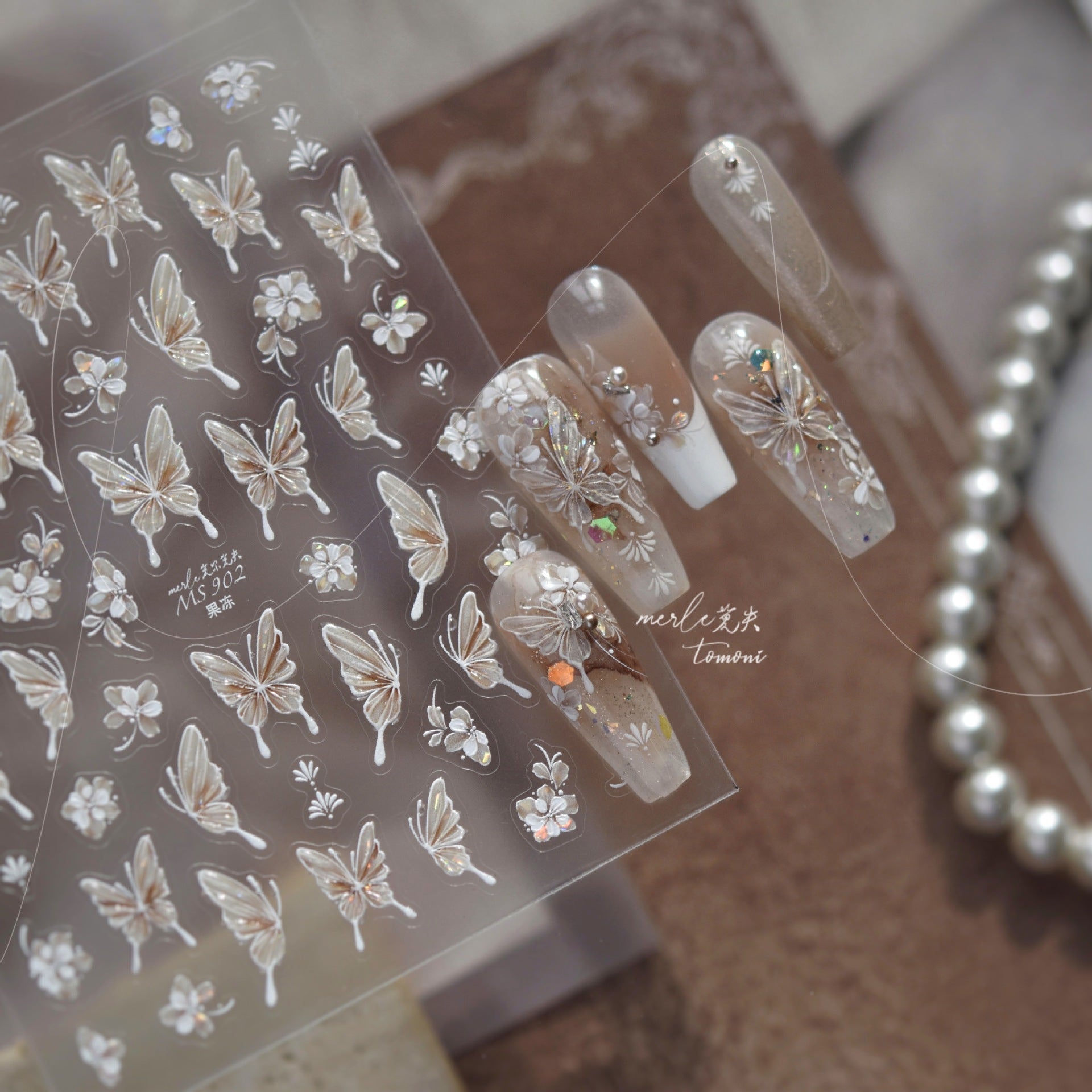 Ivory Butterfly & Flower Collection: "Ethereal Grace" – 3D Embossed Nail Sticker