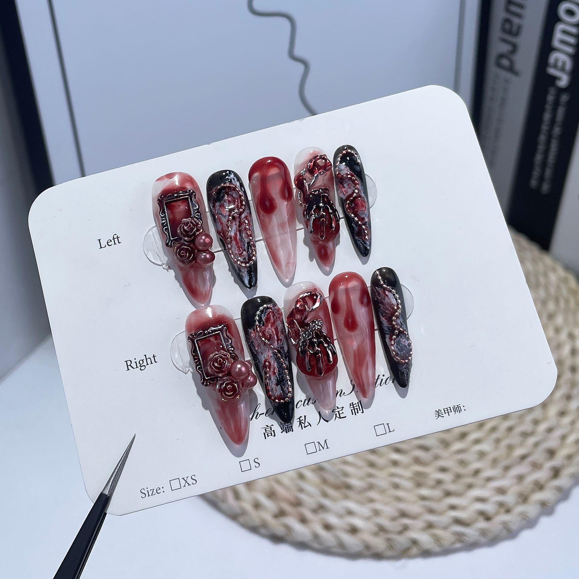 365nails: "Gothic Blood Rose" – Long Almond Handmade Press-On Nails
