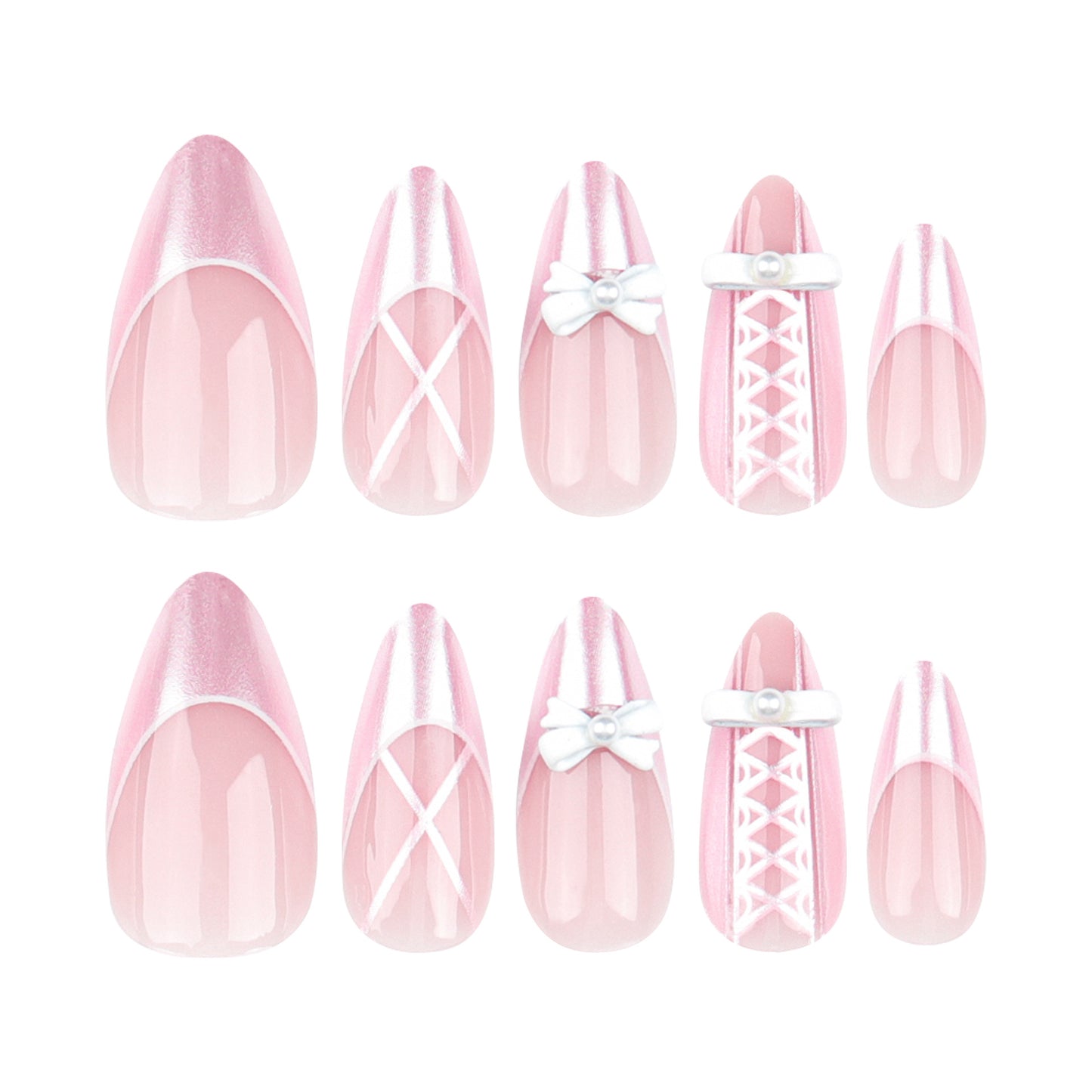 Wearable  Sweet girl French pink manicure Bow Pearl staggered almond  wholesale｜365nails