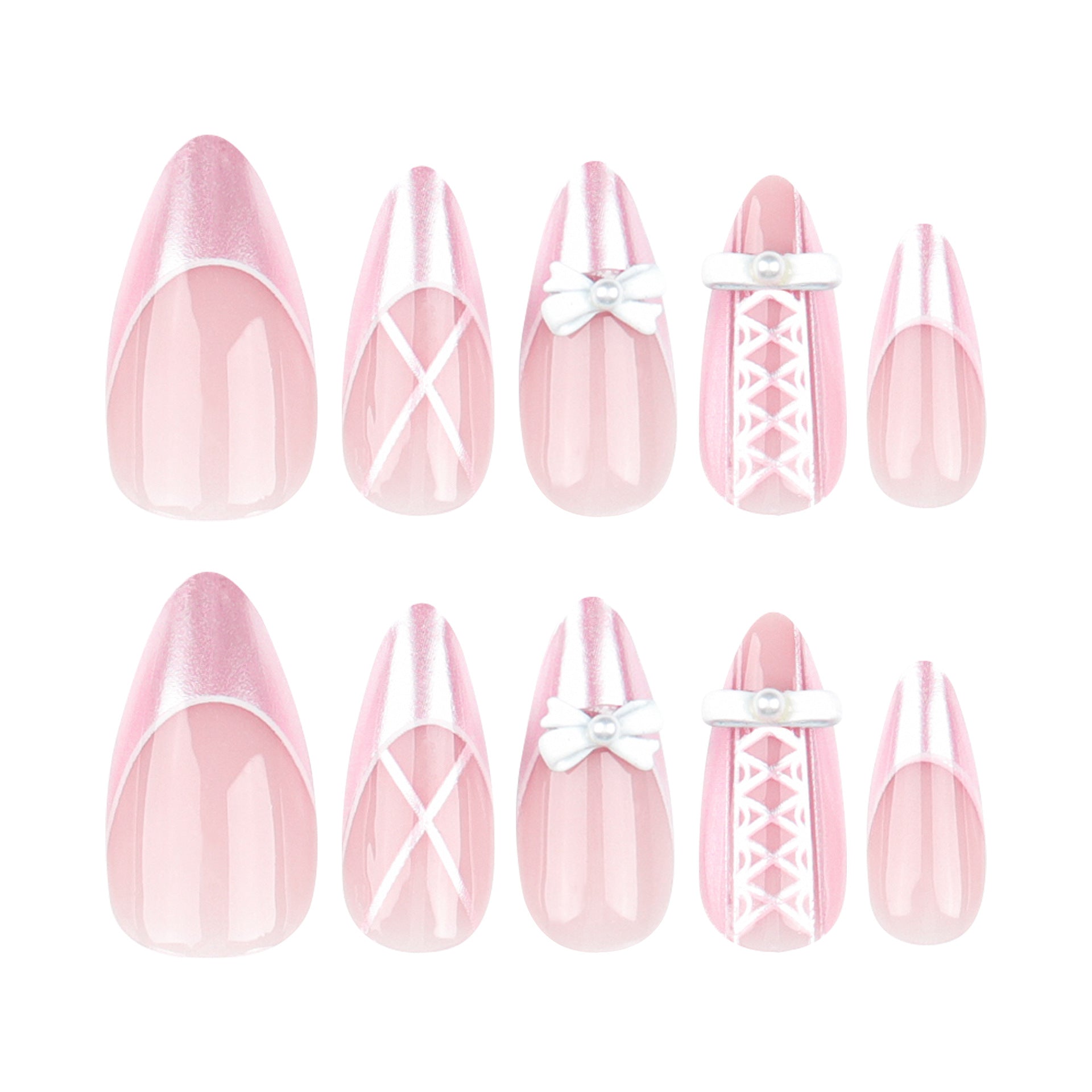 可穿戴 甜美女孩粉色法式 蝴蝶結珍珠錯落 杏仁形 批發｜365nails
