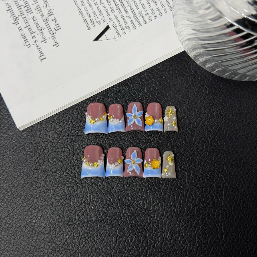 365nails: "Blue Sky Flower" – 3D Floral & Gradient Handmade Square Nails