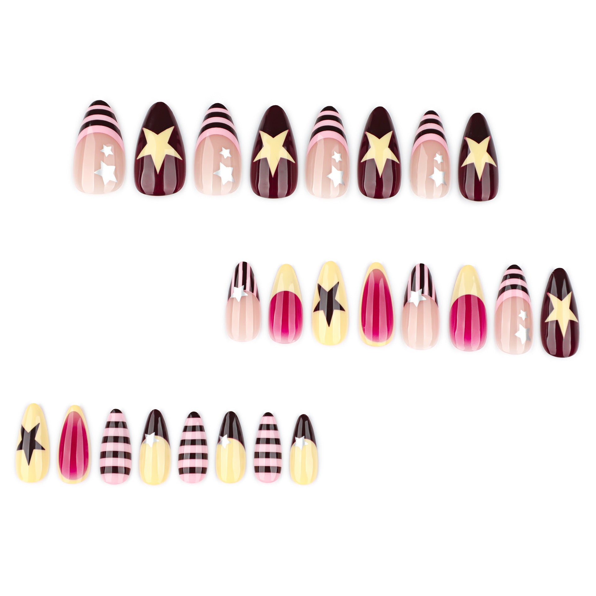 Almond-shaped press-on nails with star accents