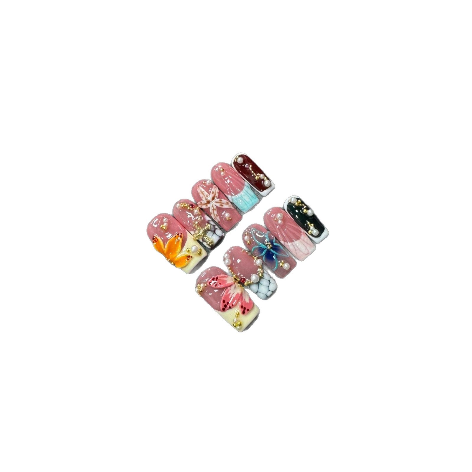 365nails: "Devaneio Botânico" – Unhas Postiças 3D Florais Artesanais em Formato Caixão