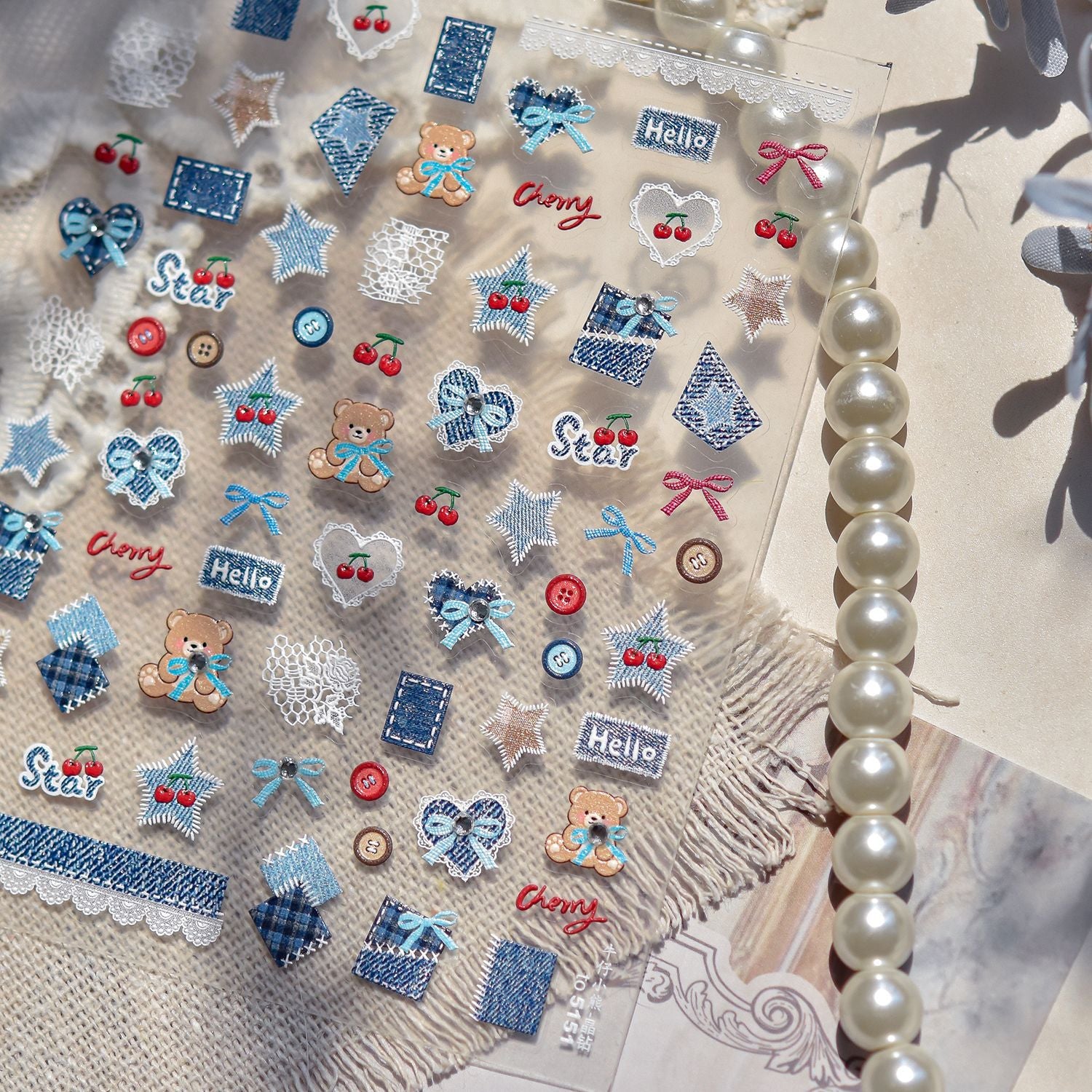 Denim Teddy Collection: "Denim Teddy & Cherry" – 3D Embossed Nail Sticker