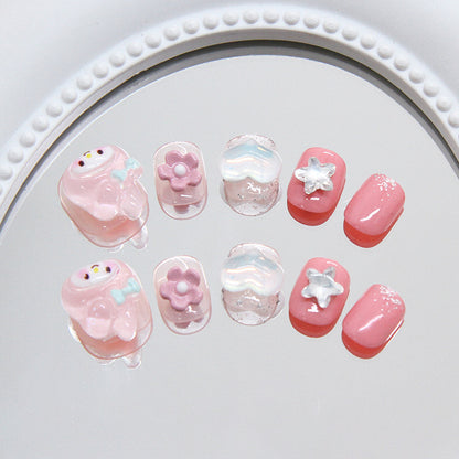 Gentle childlike girl pink rabbit flower love stars cute playful ins kids nails｜365nails