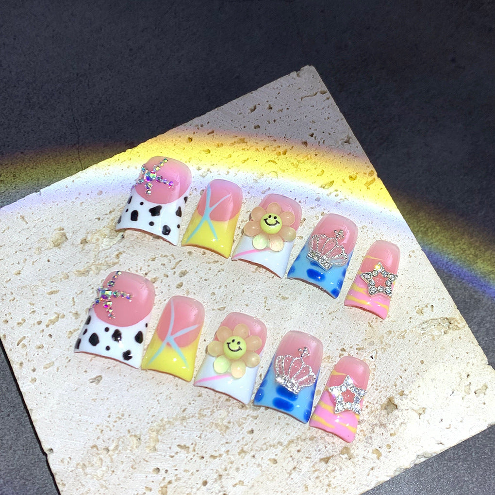 Colorful Pink Nails with Smiley Flower and Star Charms