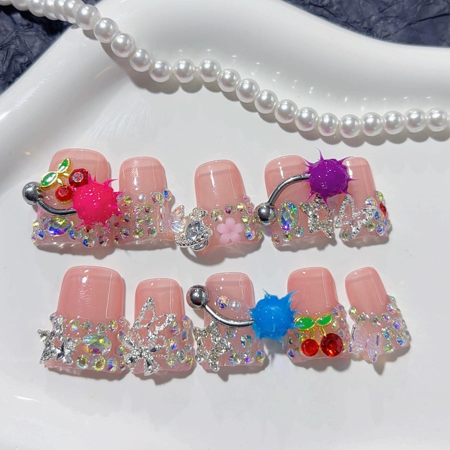 Y2K Pop: "Fruit Pom-Pom & Glitter Edge" – Square Press Ons