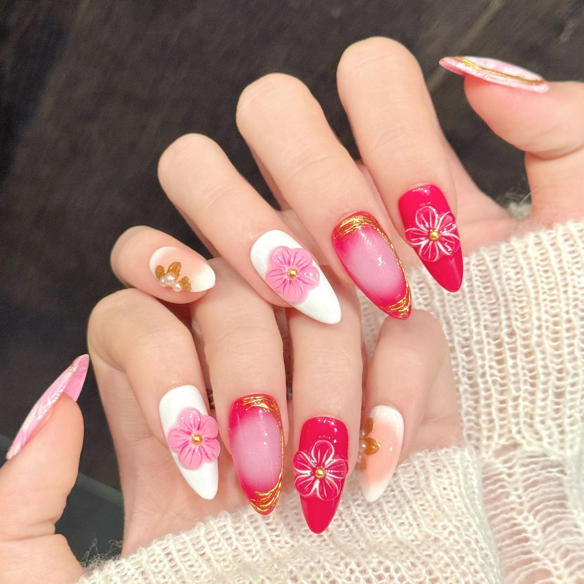 365nails: "Crimson Blossom" – 3D Floral & Gold Leaf Handmade Medium Almond Nails