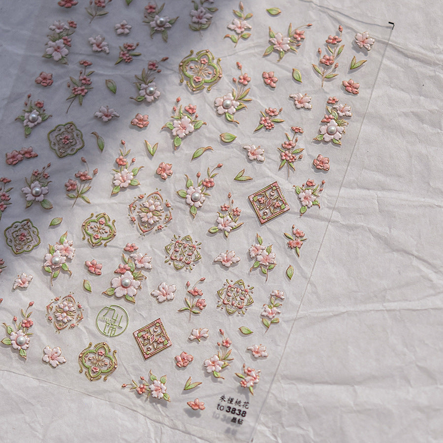 Oriental Peach Blossom & Pattern: "Elegant Peach Blossom" – 5D Embossed Nail Sticker