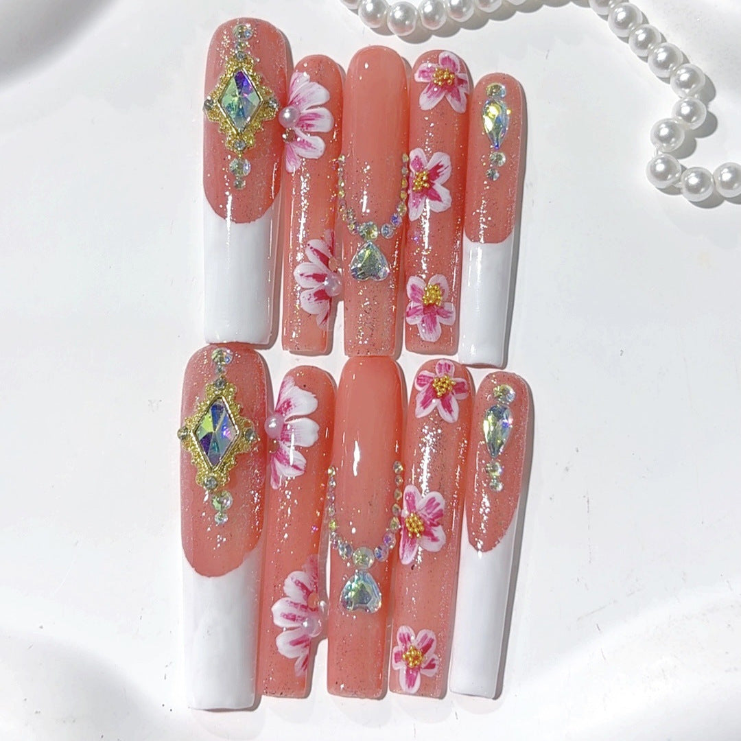 Coral White Floral Crystal Elegant Press On Nails