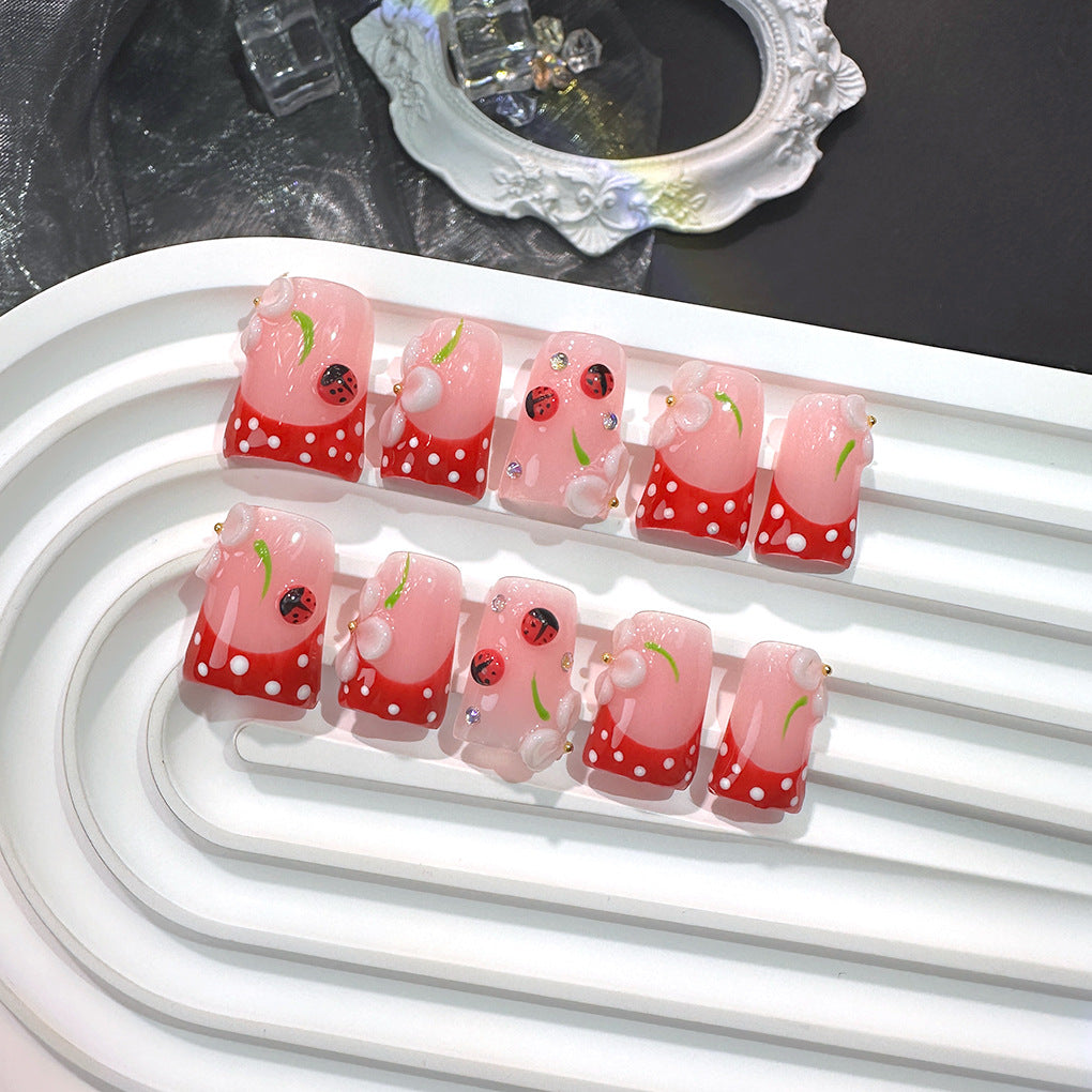 Red Polka Dot Nails with Ladybug and Cherry Details