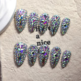 Iridescent AB Crystal Nails with Full Sparkle Glam Look