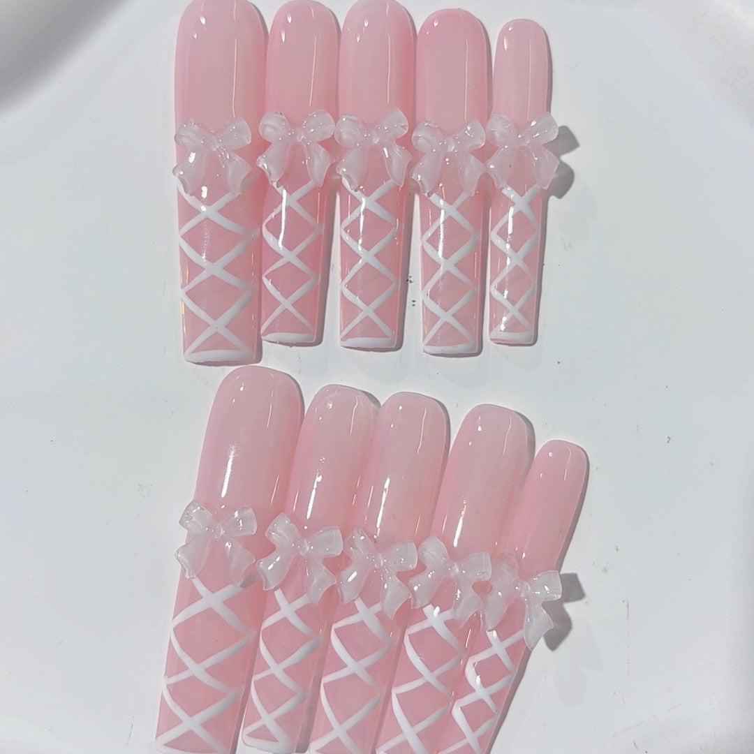 柔粉蝴蝶結蕾絲甜美法式穿戴甲