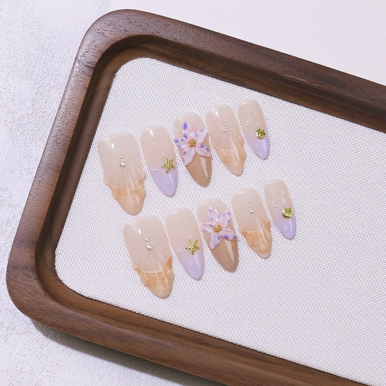 365nails: "Lavender Lily Grace" – Medium Almond Nude-Purple Floral Handmade Press-On Nails