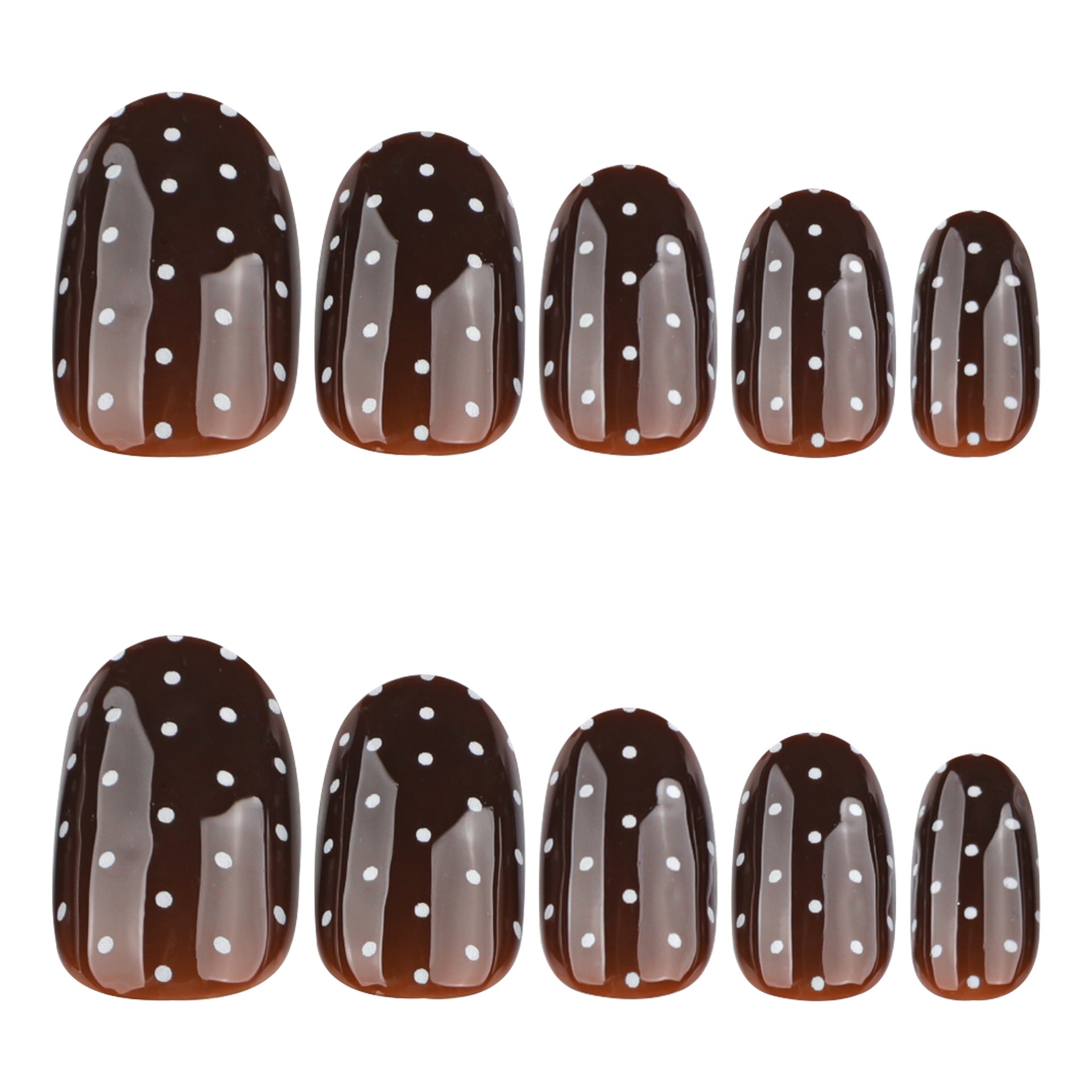 Ongles press-on marron automne‑hiver motif pois blancs, courts, forme ronde