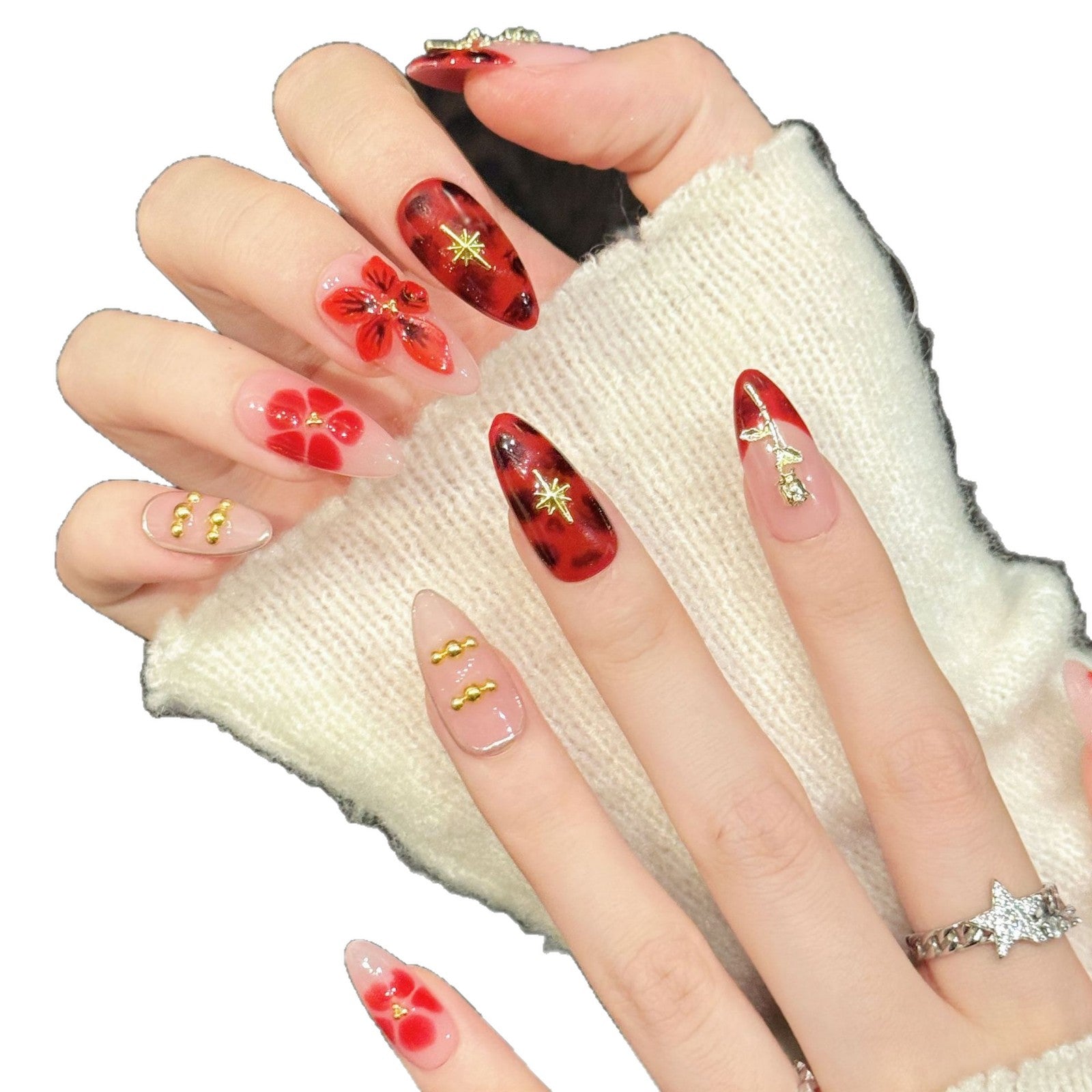 Red Floral Gold Accent Press On Nails