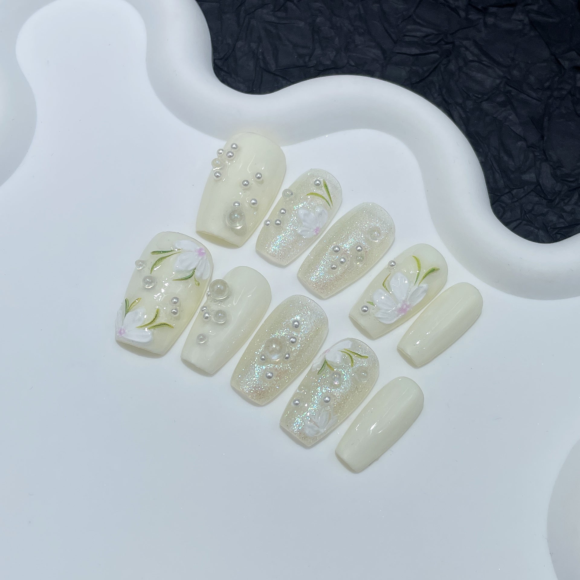 Pure handmade press-on nails relief camellia simple aurora fine flash nail patch wearable nail sticker wholesale｜365nails