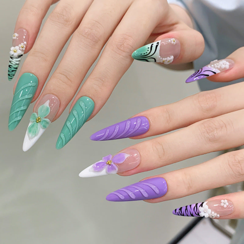 365nails: "Botanical Whisper" – 3D Floral Handmade Stiletto Nails