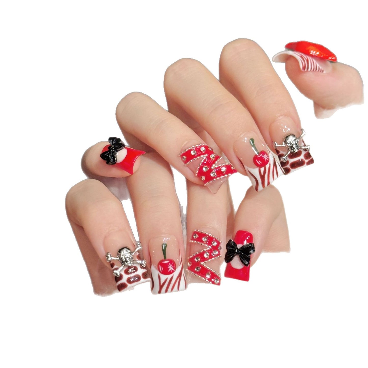 Red Lip Cherry Bow Duckbill Press On Nails