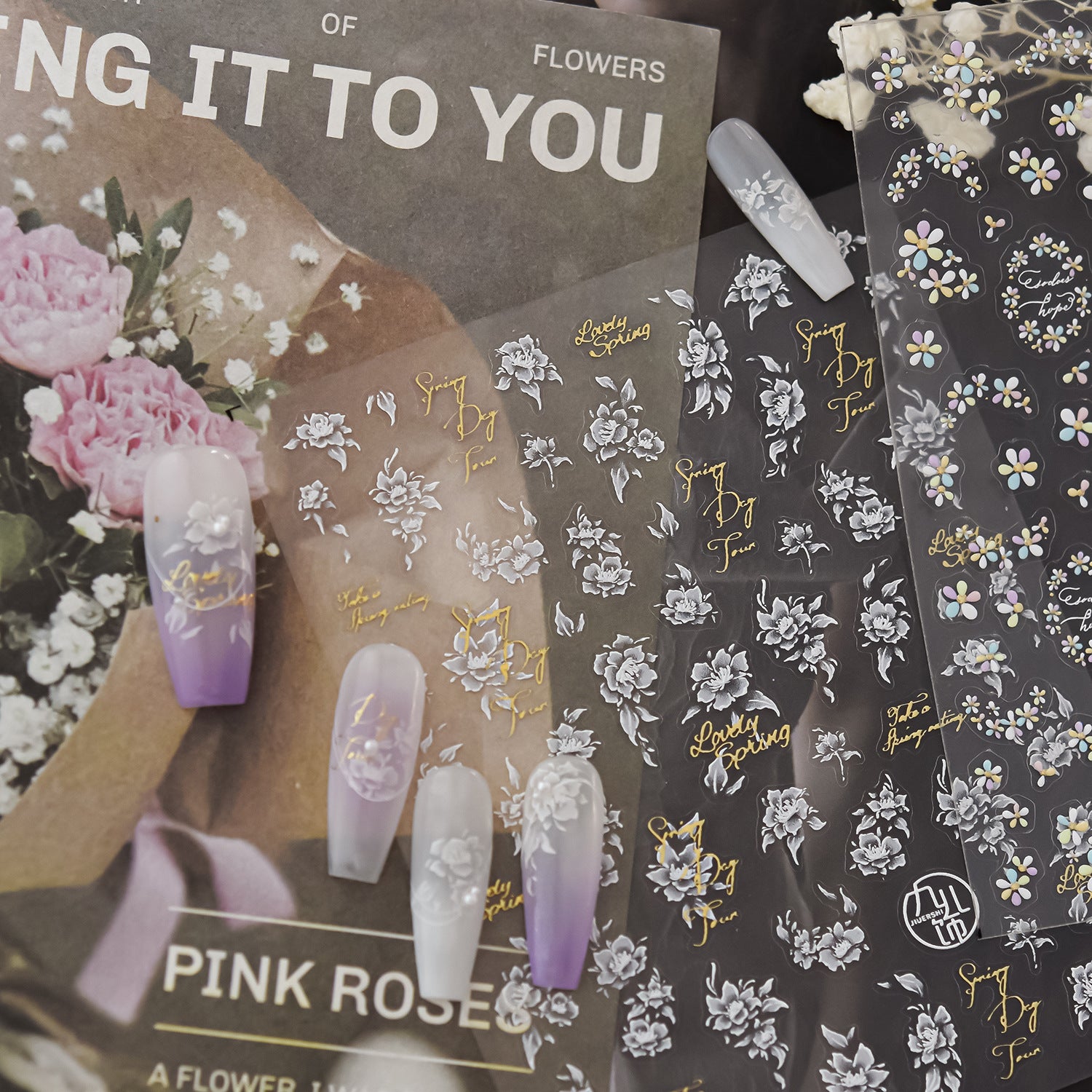 Holographic Mini Flower: "Dainty Pastel Floral" – 5D Embossed Nail Sticker