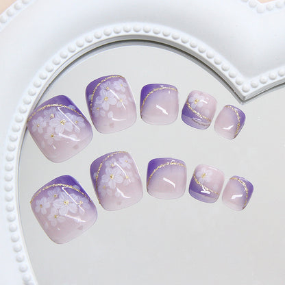 Encanto violeta claro, destello helado y fino, flores limpias y suaves, viento interior, 24 piezas de uñas de los pies extraíbles ｜365nails