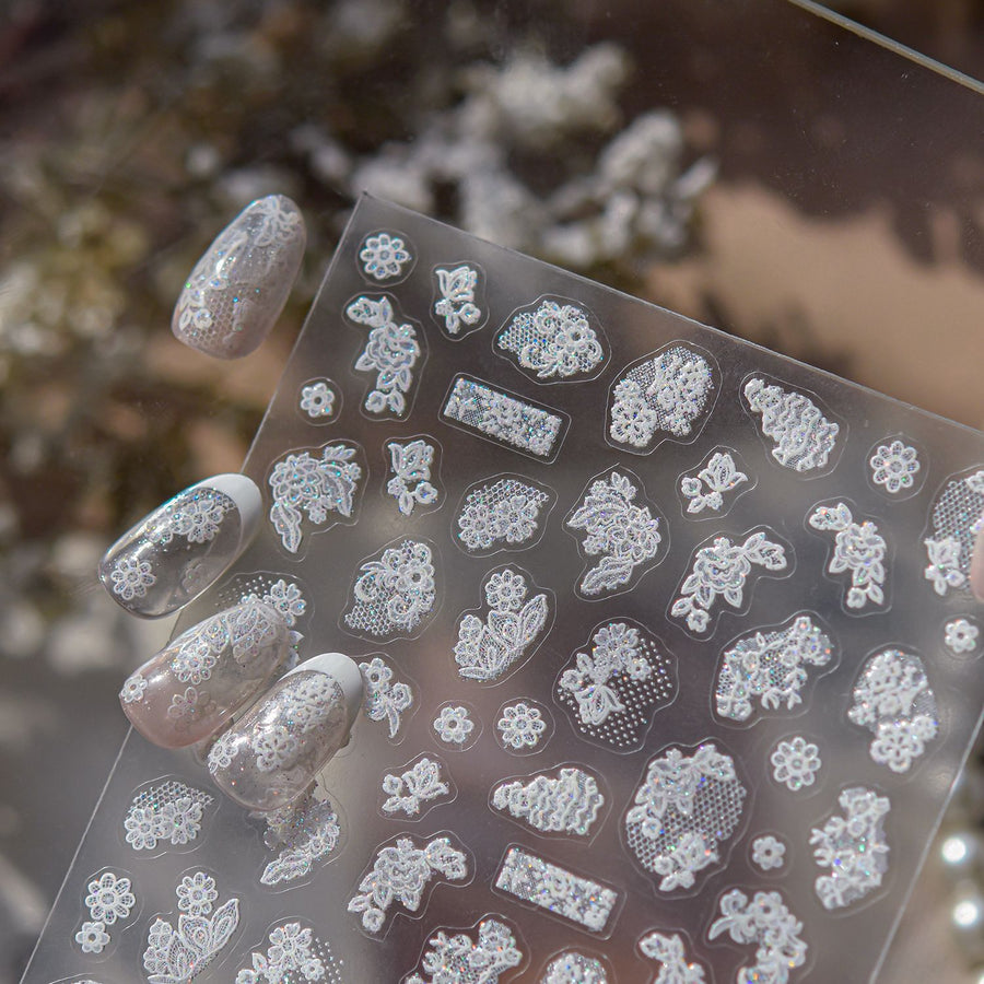 White Lace Floral: "Bridal Lace Bloom" – 5D Embossed Nail Sticker