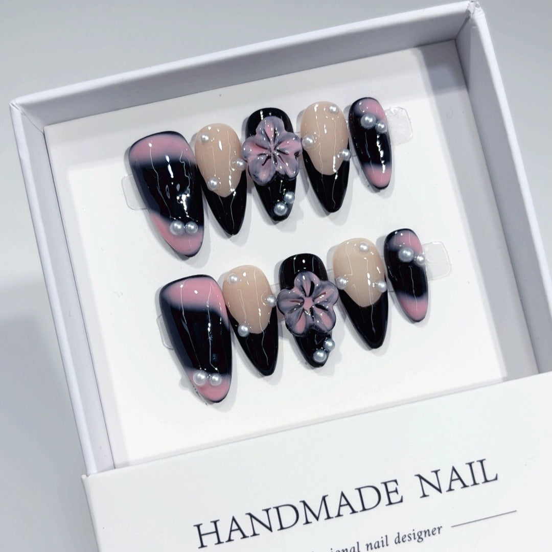 365nails: "午夜櫻花黑夜" – 中長款 杏仁形 黑粉漸層 3D花朵 手工製 穿戴甲