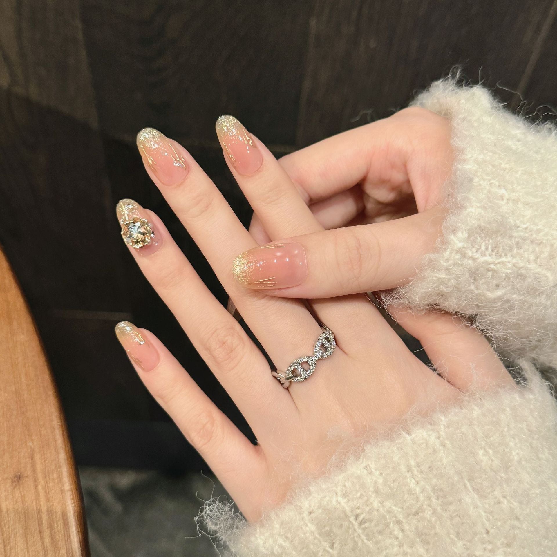 365nails: "Champagne Rose" – 3D Crystal & Cat Eye Handmade Almond Nails