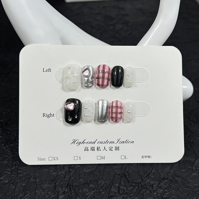 Cute Plaid Pearl Silver Chrome Mixed Short Press-On Nails